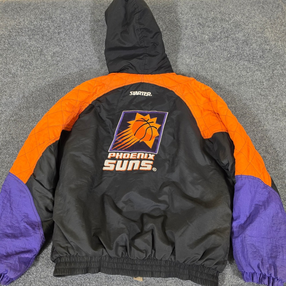 Vintage 90s Starter Phoenix Suns NBA Hooded Puffer Jacket Mens L Purple Orange